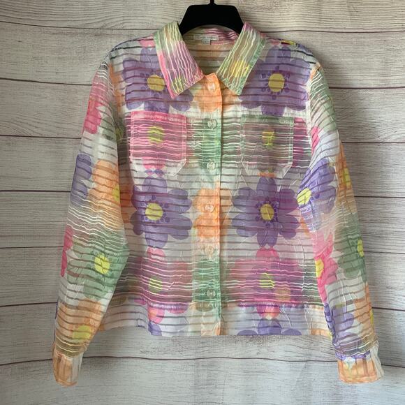 Erin London Pastel Floral Sheer Textured Button Down Jacket Spring Shirt Size L - Picture 1 of 16